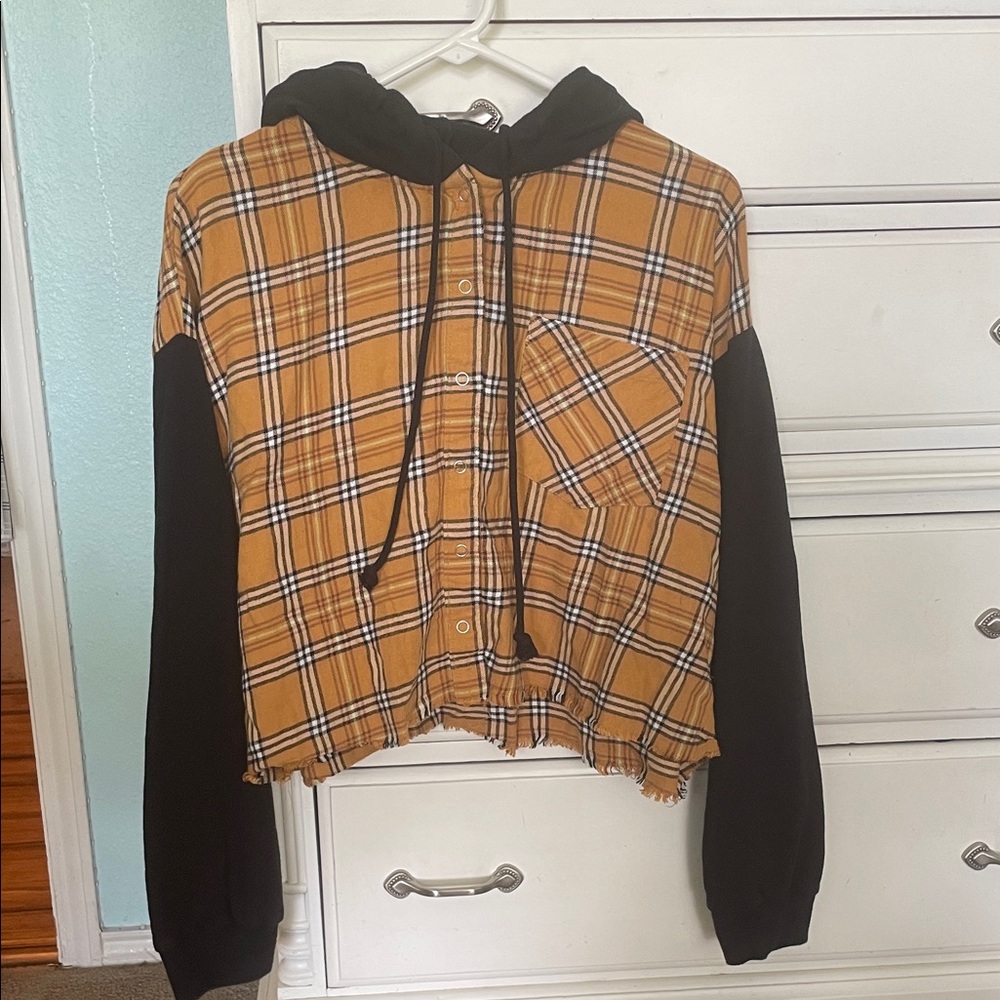 Forever 21 Plaid Hooded Jacket in Mustard and Black